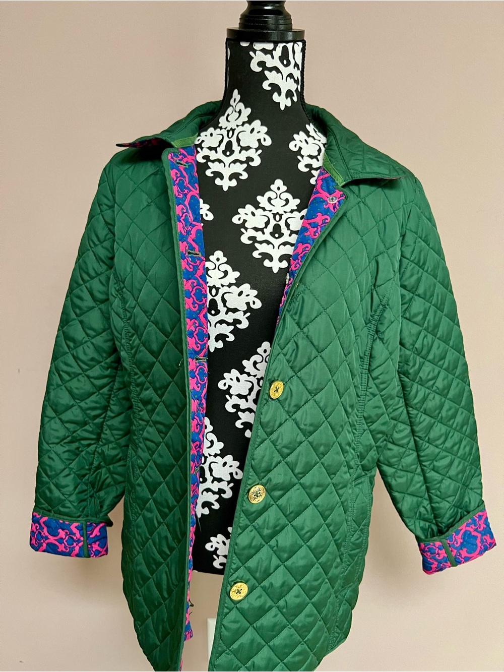 C WONDER Emerald Green Diamond Quilted Barn Jacket with Contrast Lining